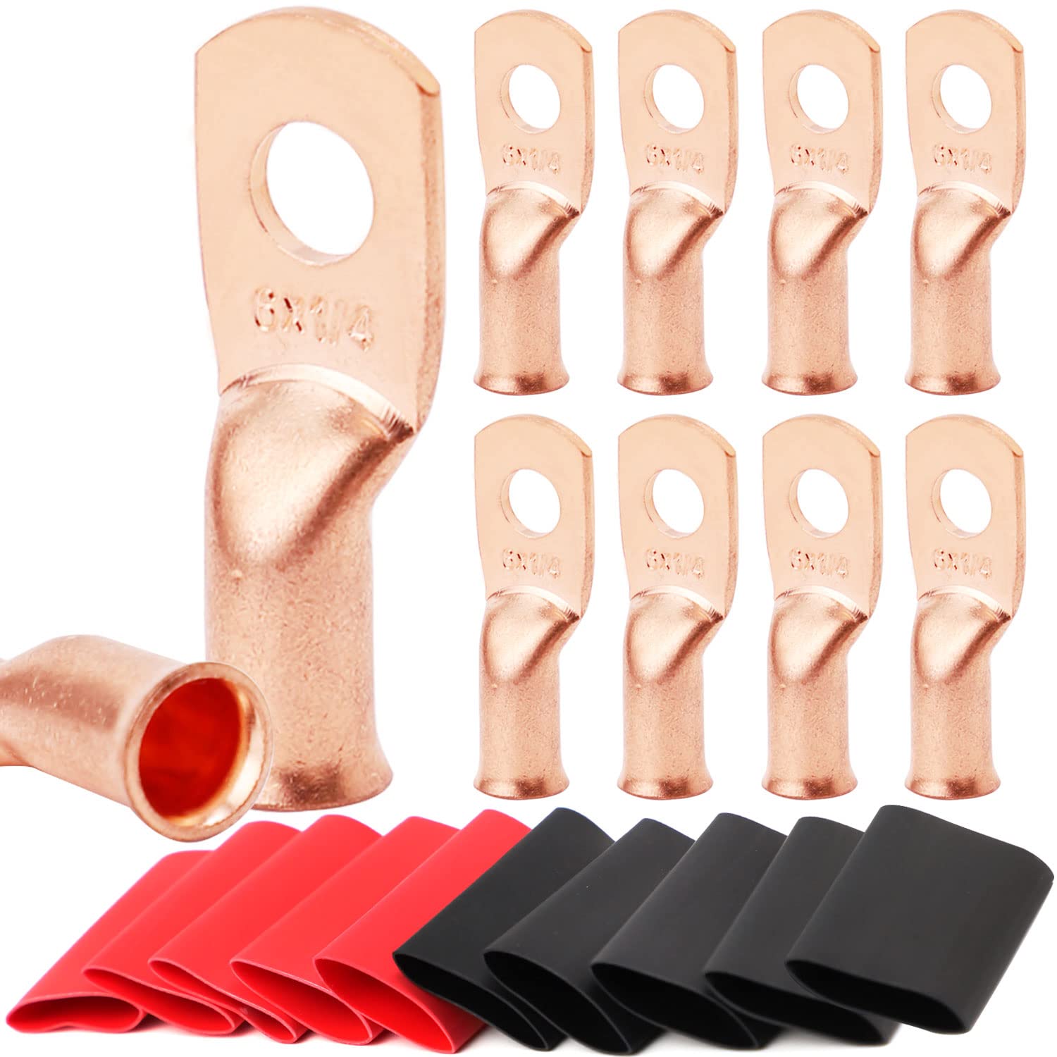 TKDMR 10pcs 6 AWG-1/4 Battery Lugs,Heavy Duty Wire Lugs,Ring Terminals,Battery Cable Ends,0 Guage terminals,Battery Terminal Connectors with 10pcs 3:1