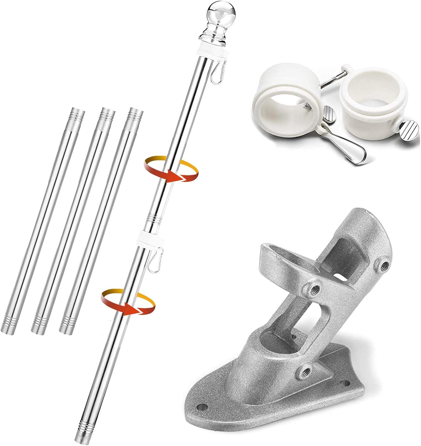 Barcetine Flag Pole Kit, 4FT Flag Pole & Bracket Used for House Porch Outdoor, Tangle Free Flagpole with Flag Pole Holder Wall Mounting Bracket (Silver)