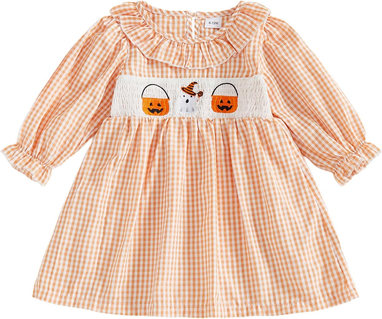 Toddler Girl Halloween Outfit Girls Ghost Pumpkin Smocked Dress Plaid Long Sleeve Princess Dresses Fall Clothes (A Pumpkin Ghost Orange, 18-24 Months)
