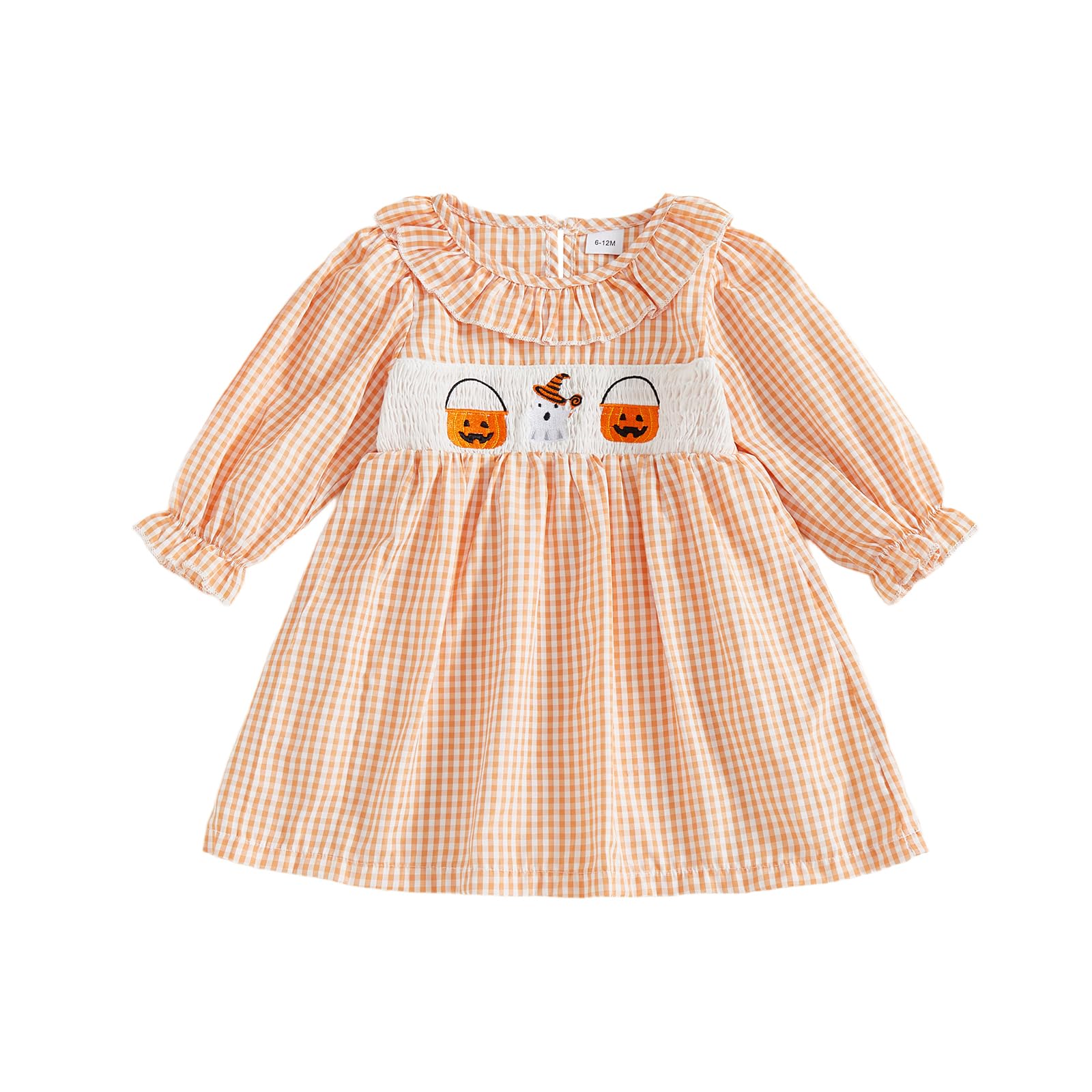 Toddler Girl Halloween Outfit Girls Ghost Pumpkin Smocked Dress Plaid Long Sleeve Princess Dresses Fall Clothes (A Pumpkin Ghost Orange, 2-3 Years)