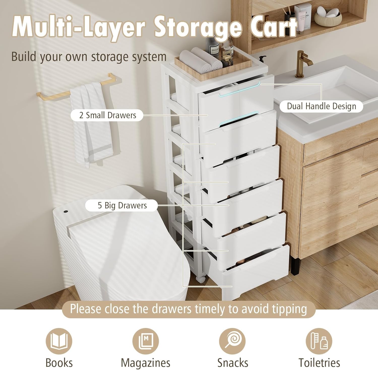 Plastic Storage Drawer Cart, Mobile Utility Cart, Home Craft Organizer with 7 Drawers & Lockable Wheels, Slim Rolling Storage Cart for Living Room, Bathroom, Dorm & Office (16”L x 13”W x 45”H)