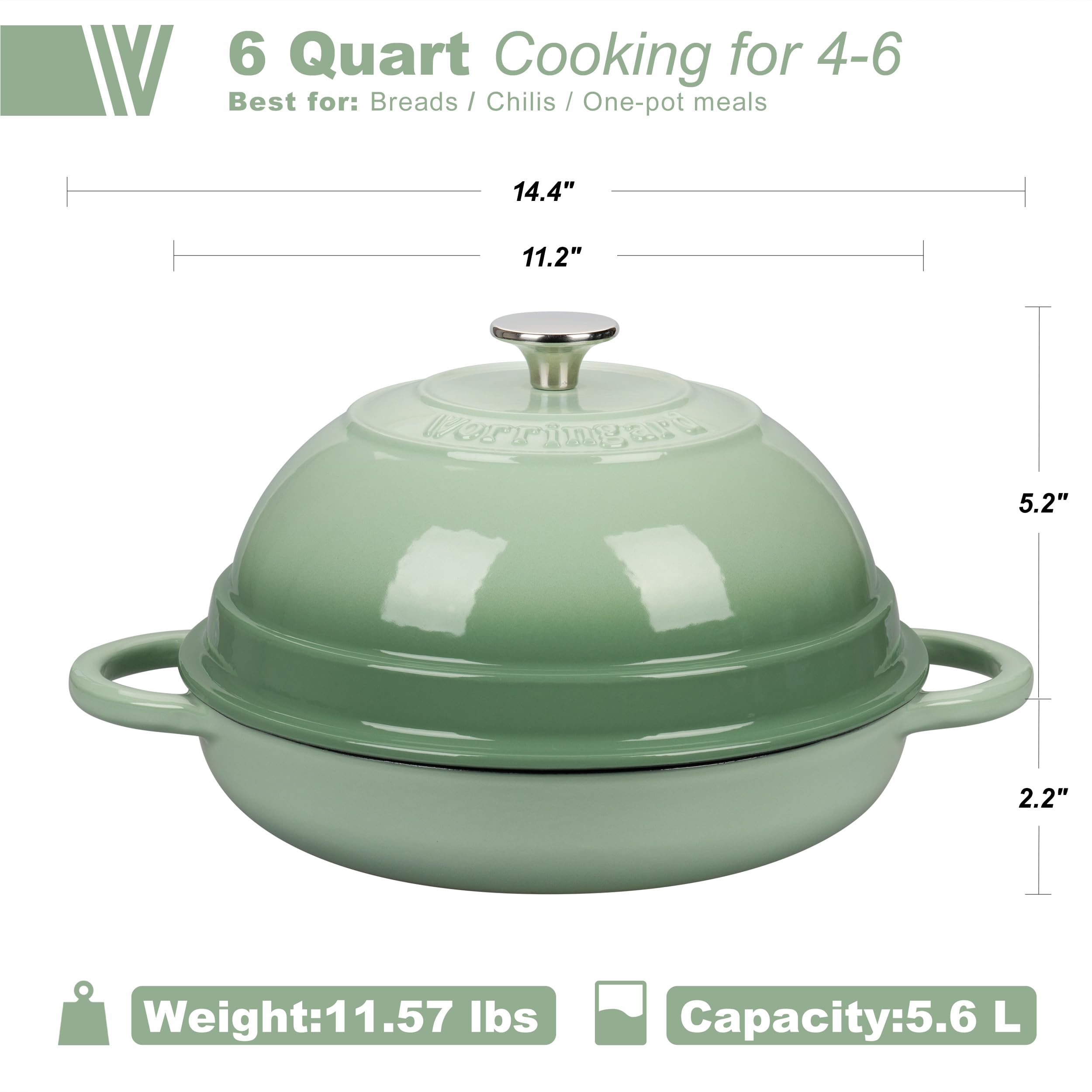 VORRINGARD Cast Iron Enameled Dutch Oven Pot with Lid for Bread Baking, Bread Oven, 6 Quart, Green