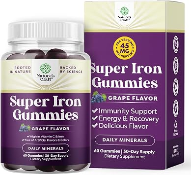 Extra Strength Iron Gummies for Women and Men - Potent 45mg per Serving Chewable Supplement for Women and Men with Vitamin C for Higher Absorption - Vegan Daily Iron Gummy No Artificial Flavors - 60Ct