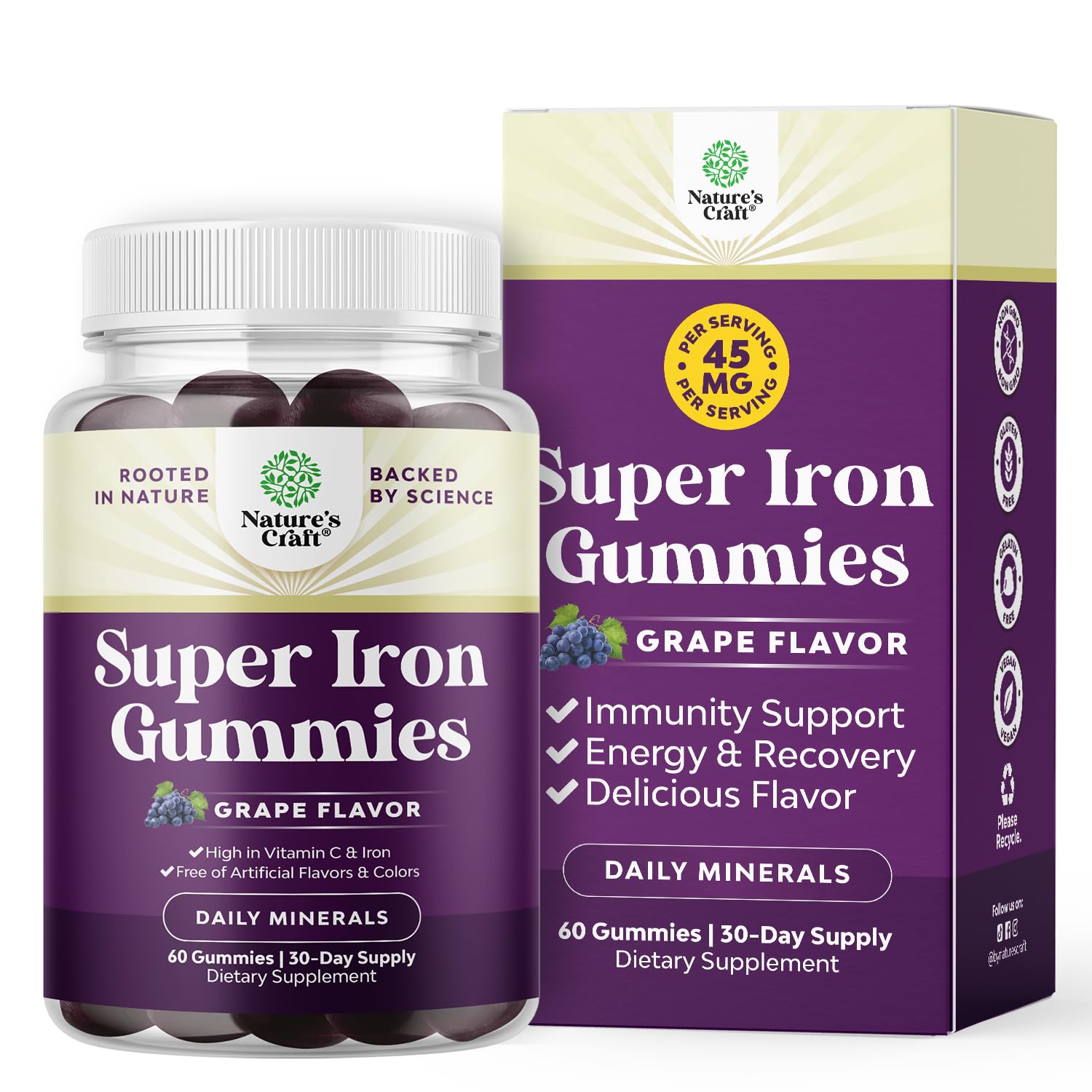 Extra Strength Iron Gummies for Women and Men - Potent 45mg per Serving Chewable Supplement for Women and Men with Vitamin C for Higher Absorption - Vegan Daily Iron Gummy No Artificial Flavors