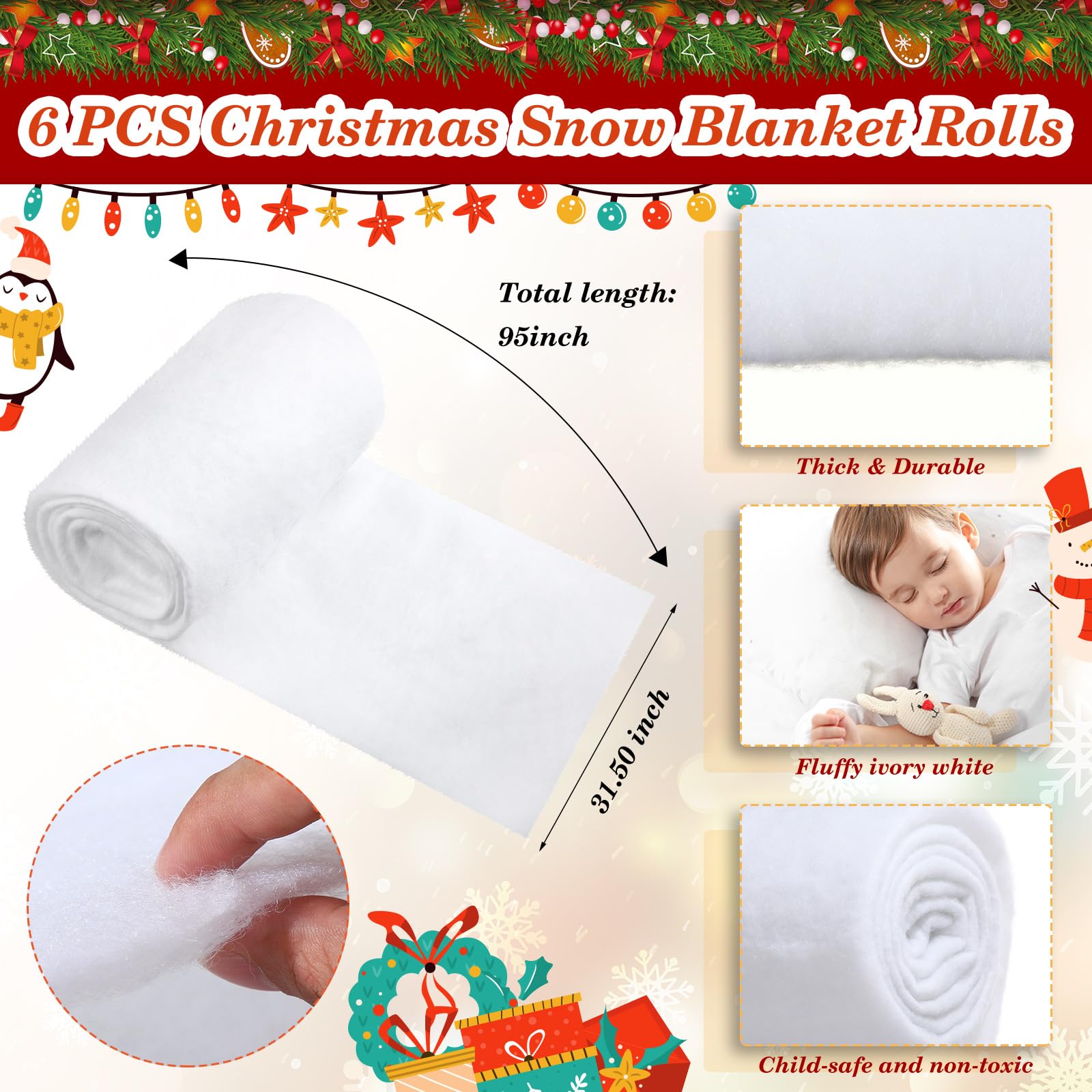 Newwiee 6 Pcs 2.6 x 8 ft Christmas Snow Blankets Artificial Snow Blanket Snowman Decorations for Christmas Village Backdrop Decorations Party Display