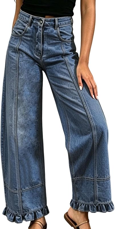 Women Ruffle Hem Stretch Wide Jeans | Wide Straight Leg Jeans for Women High Waist Stretchy Ruffle Hem Denim Casual Business Loose Pants with Pockets
