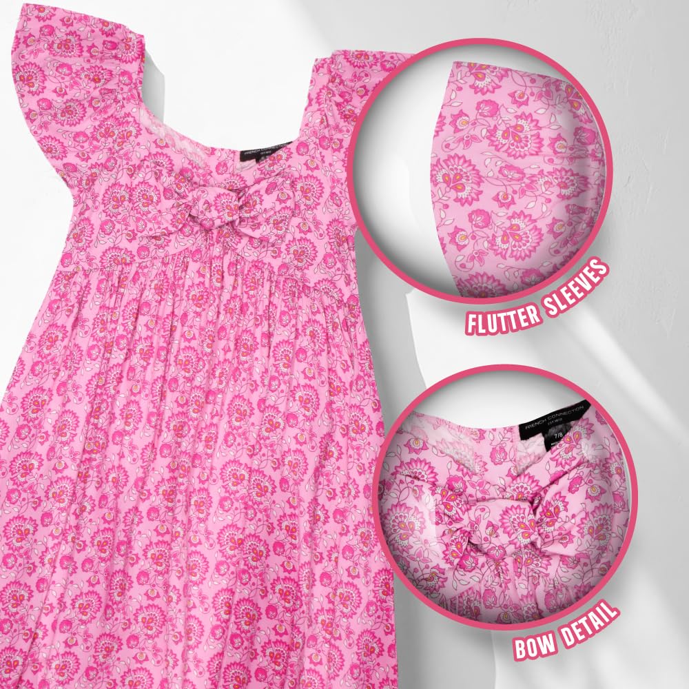 French Connection Vestido casual suave con estampado completo para niñas, vestido de verano con volantes y mangas voladas para niños