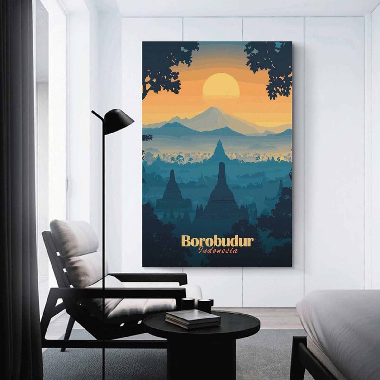 Junmoney Borobudur Temple Sunset Canvas Wall Decor 24x36inch(60x90cm), for Workspace Walls, Study Corners Or Bedrooms, Decorative Artwork for Productive Spaces