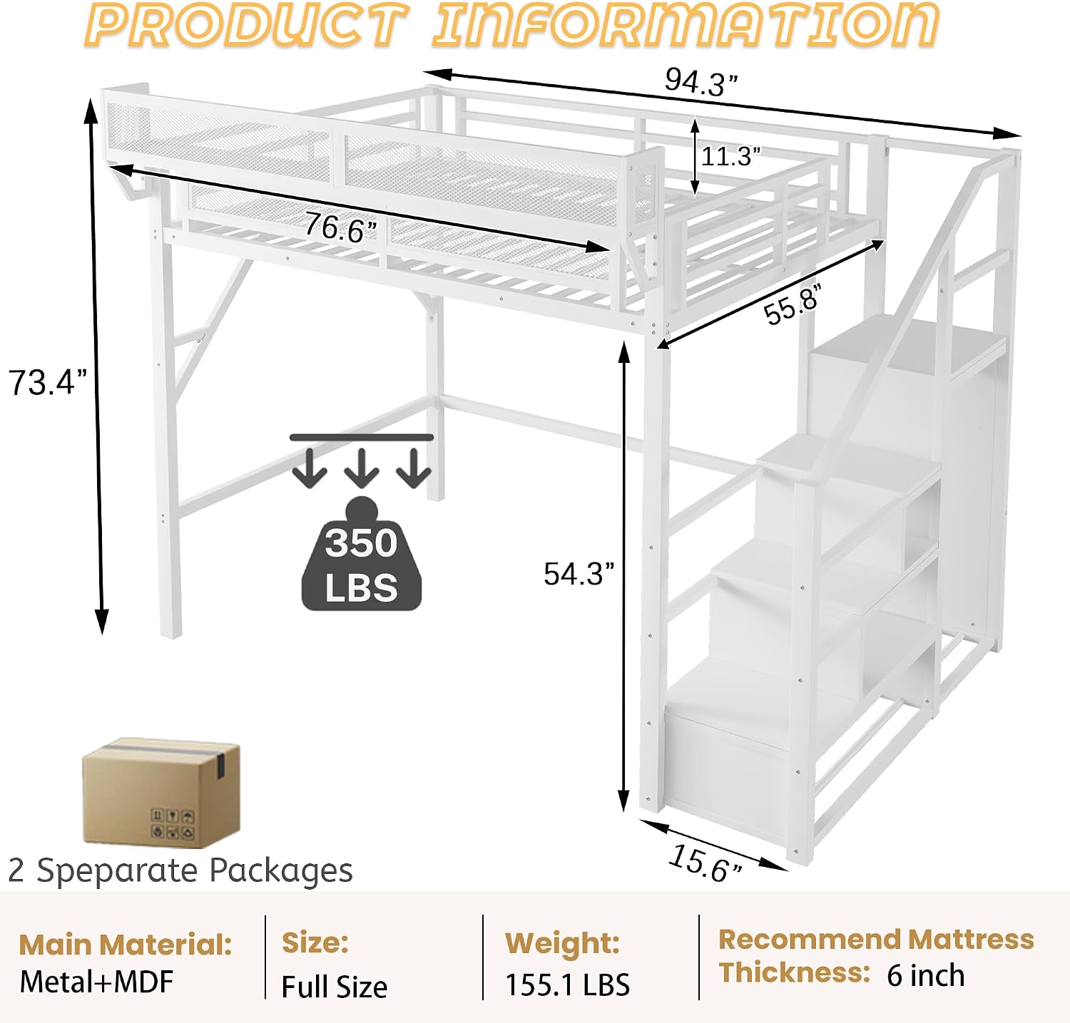 Full Size Loft Bed with Staircase, Metal Loft Beds with Storage Shelves & Wardrobe, High Lofted Bed Frame, Loft Tall Bed for Boys Girls and Teens, No Box Spring Needed (White)