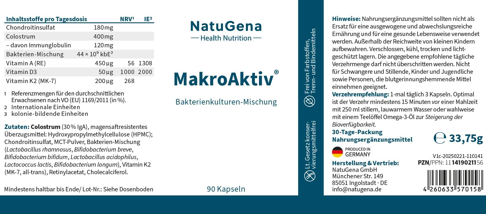 NatuGena MakroAktiv, hoher Colostrum-Anteil mit 30% IgA, Vitamin D & A, Bakterienkulturen-Mischung, nicht-histamin-bildende Bakterienstämme, 90 magensaftresistente Kapseln (1 Monats Packung)