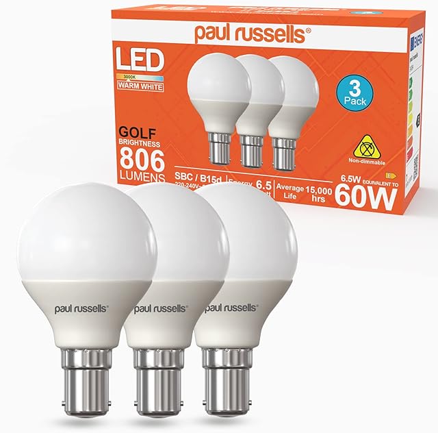 paul russells 6.5W LED Golf Ball Light Small Bayonet Cap B15D 60w Equivalent Bulb 806LM LED Bulbs 3000K Warm White Round Globe Frosted G45 SBC Energy Saving Lamps Pack of 3