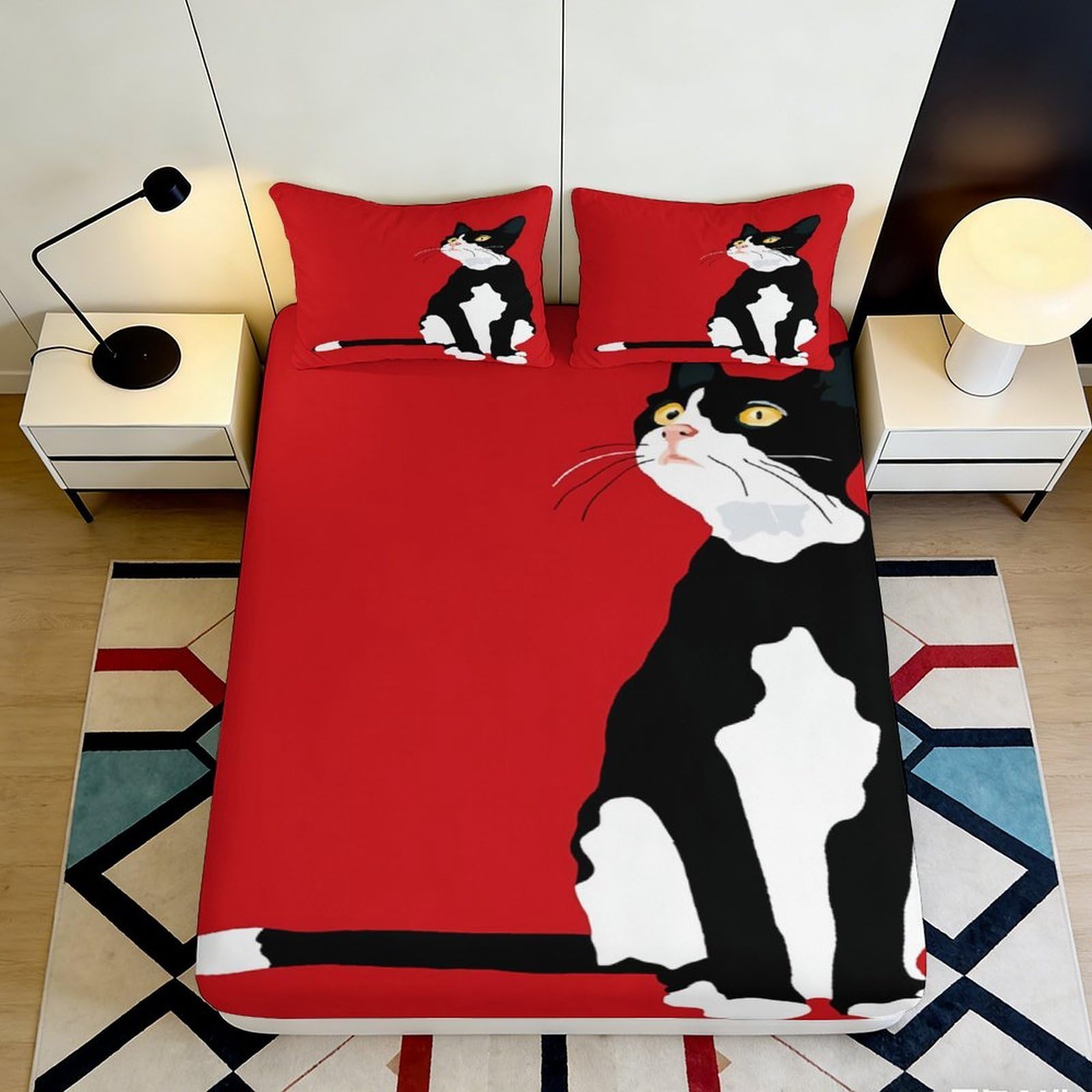 3D Printed Black Cat Fitted Sheet Microfiber Red Cartoon Mattress Cover Anti-Slip Machine Washable for Bedroom Decor 180x200x25cm