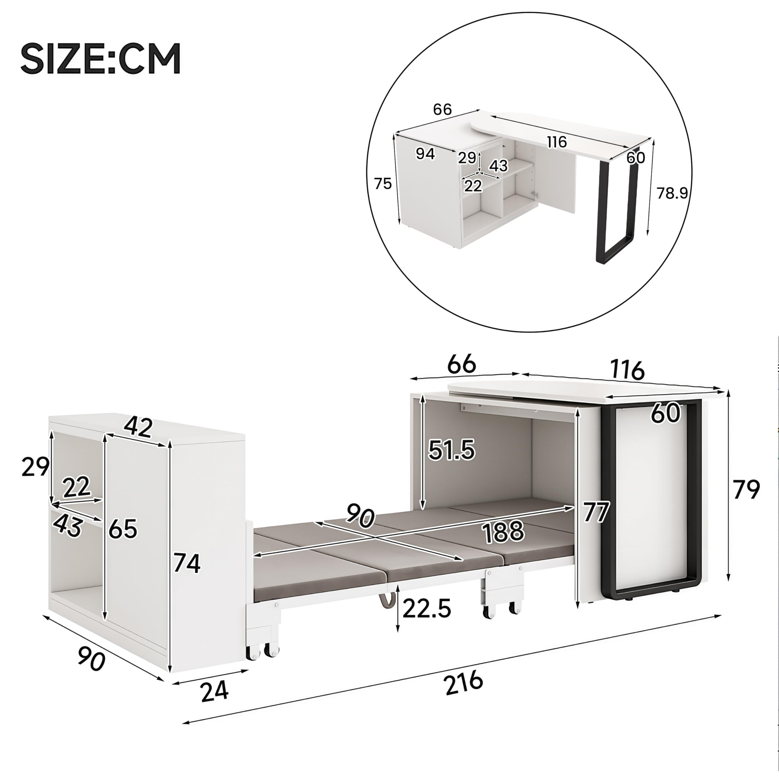 Ce bureau/lit escamotable 2 en 1 est doté d'une structure et de pieds en métal, d'un matelas de 4 cm d'épaisseur, de roulettes et d'une seule armoire avec deux compartiments de rangement.