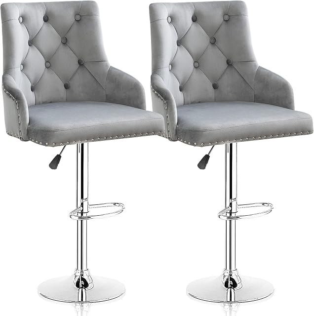 LEPAK Bar Stools Set of 2, Adjustable Swivel Gas Lift, Footrest and Base for Breakfast Bar, Counter, Kitchen and Home Barstools,Grey