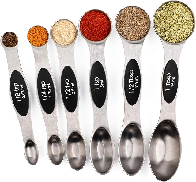 Magnetic Measuring Spoons Stainless Steel Set of 6 Dual Sided StackableTeaspoon and Tablespoon for Measuring Dry and Liquid Ingredients