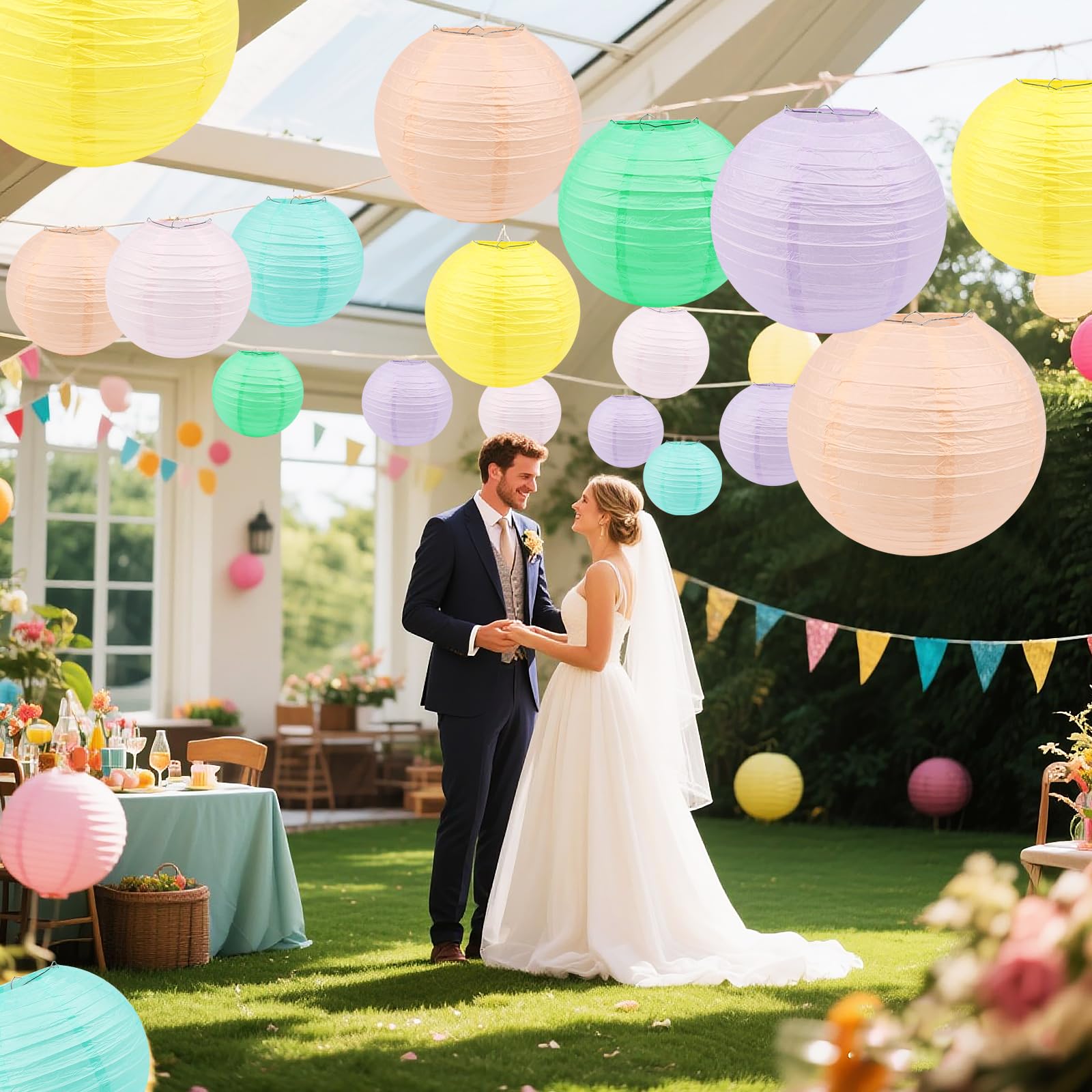 20 PCS Linternas de papel coloridas Linternas de papel colgantes, 15 cm, 20 cm, 25 cm, 30 cm Tamaño mixto Linternas de papel redondo para la boda Cumpleaños Decoración del hogar