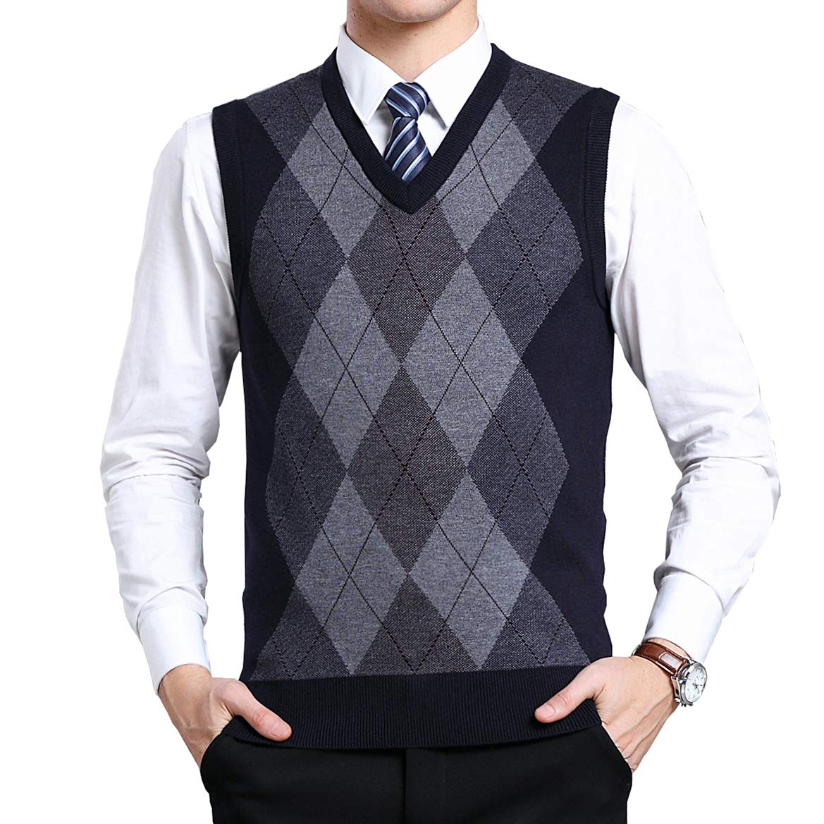 Biutimarden Moren Mens Knitwear Gilet V-Neck Sleeveless Jumper Diamond Lattice Knitted Waistcoat Casual Sweater Vest Gentleman Tank Tops (XL, Navy)