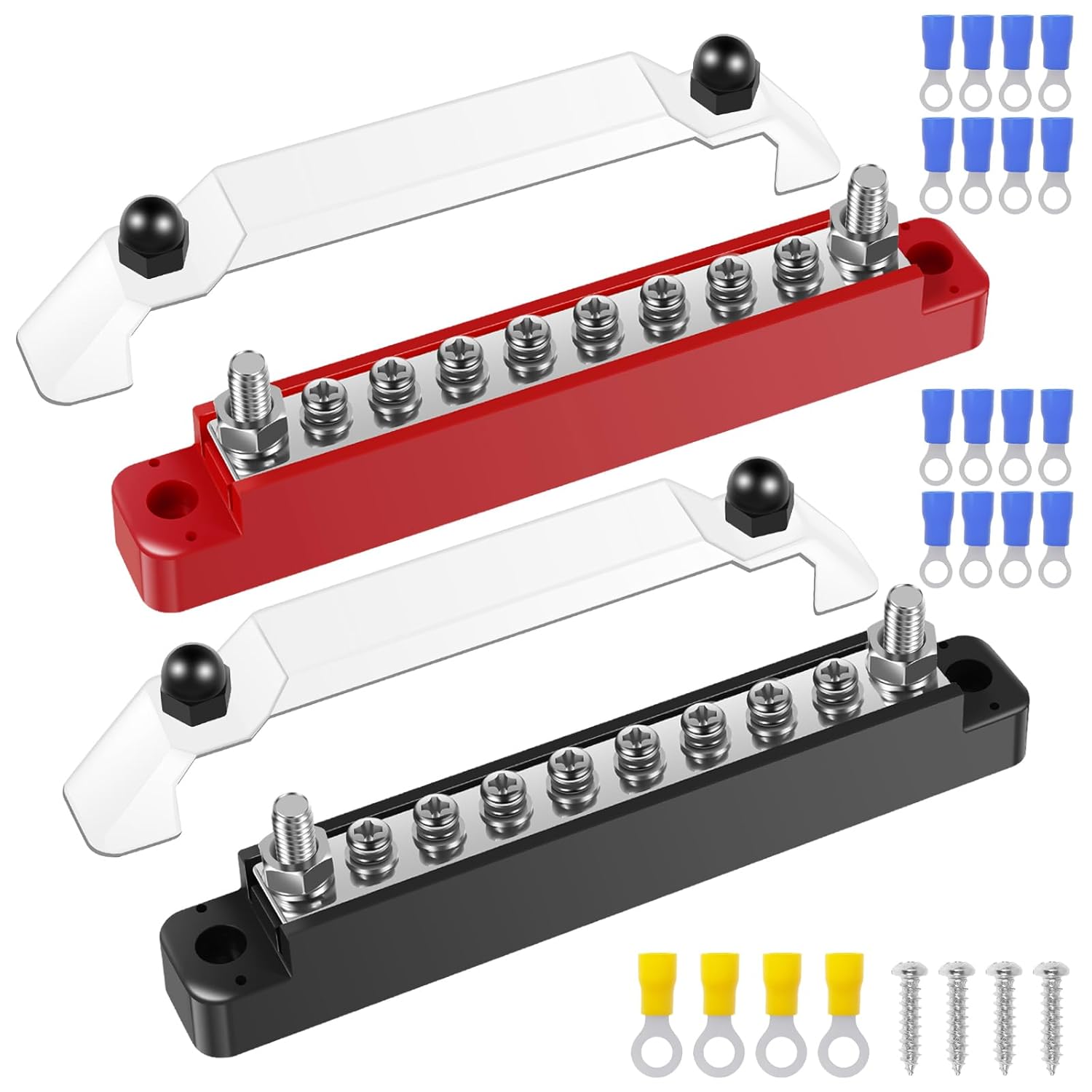2Set 12V Bus Bar Stainless Steel Power Distribution Block Space Saving Marine Buss Bar High Security for Boat 2 x 1/4" Posts, 8 x M4 (#8) Screws Terminals (Black+Red)