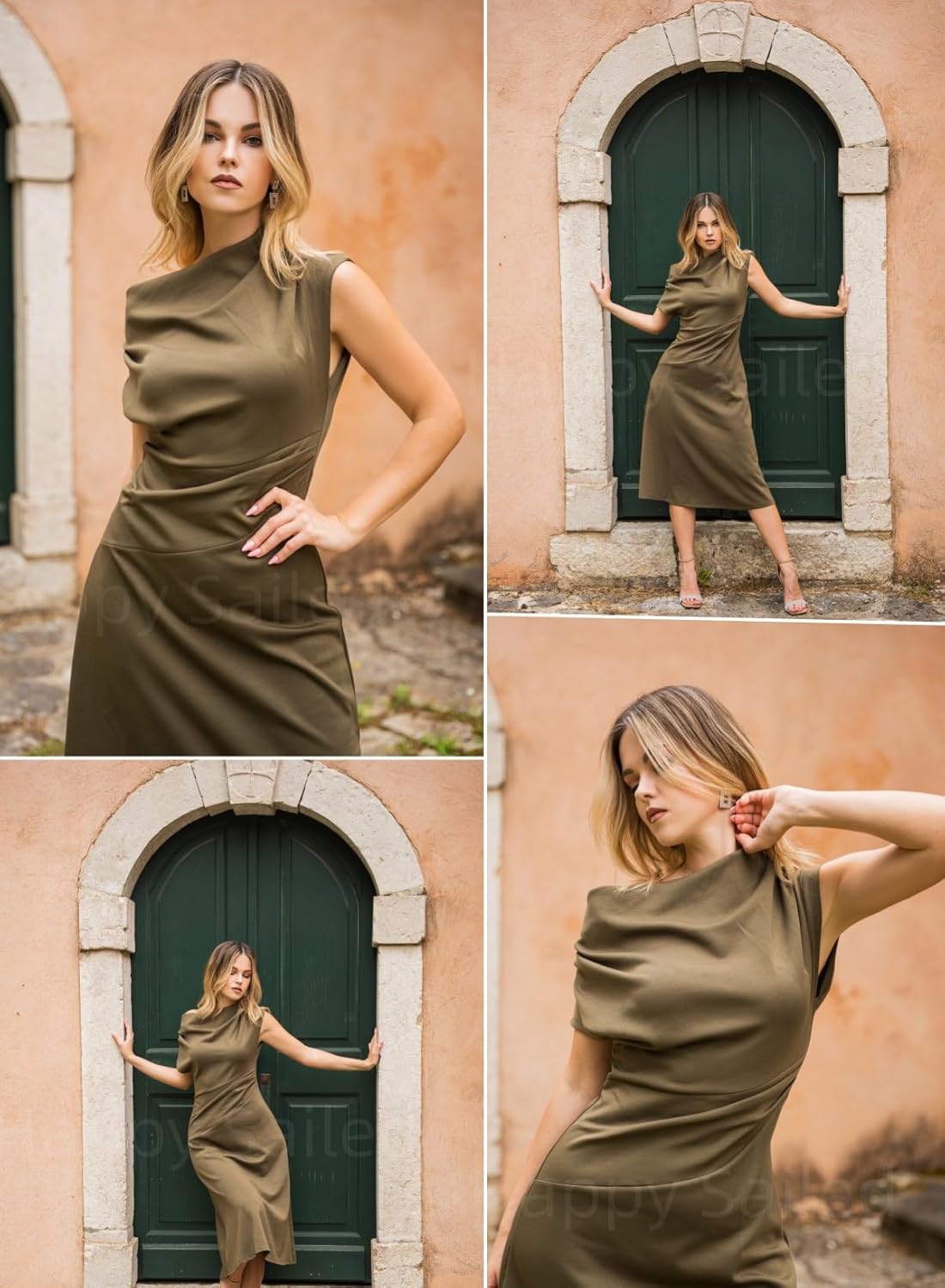 Happy Sailed Women's Spring Summer Short Sleeve Cowl Neck Ruched Waist Flowy A Line Midi Dresses Party Cocktail Dress - Image 9