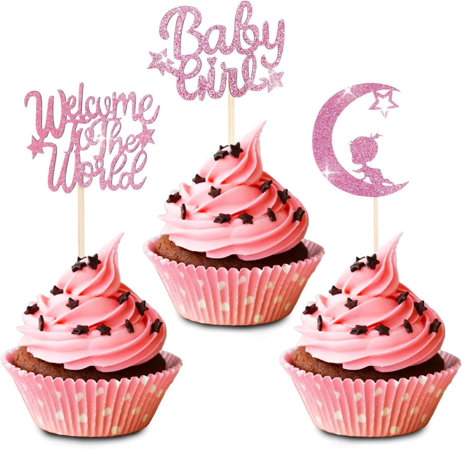 Cobee Baby Shower Cupcake Toppers,24 Pieces Baby Gender Reveal Cupcake Picks Glitter Cake Toppers Baby Birthday Party Cake Decorations Party Supplies (Girl Pink)