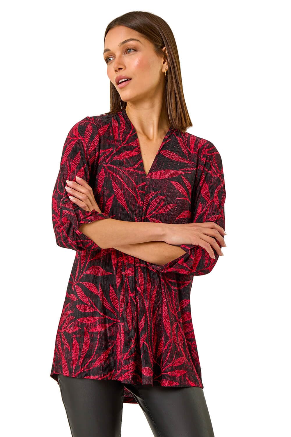 Roman Originals Women's Red Leaf Print Pleated Top For Uk - Everyday Autumn Winter V-Neckline Comfy Soft Evening Vacation Work Party Night Out - Size 12