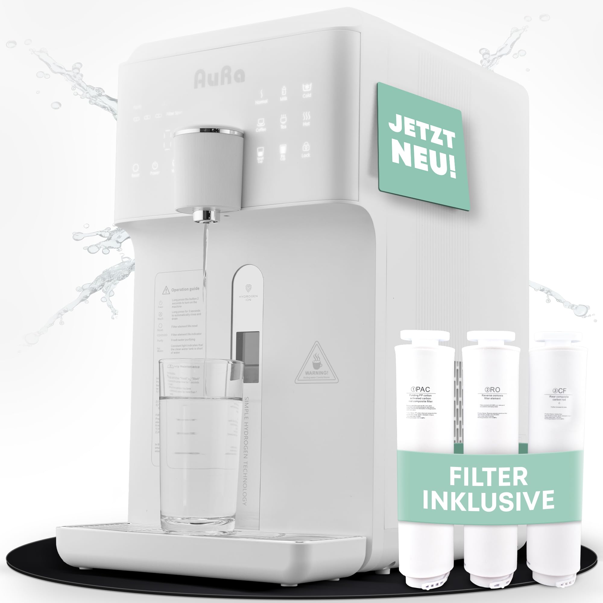 AuRa - Sistema de ósmosis para agua potable [sin depósito] - Filtro espacioso y dispensador de agua caliente