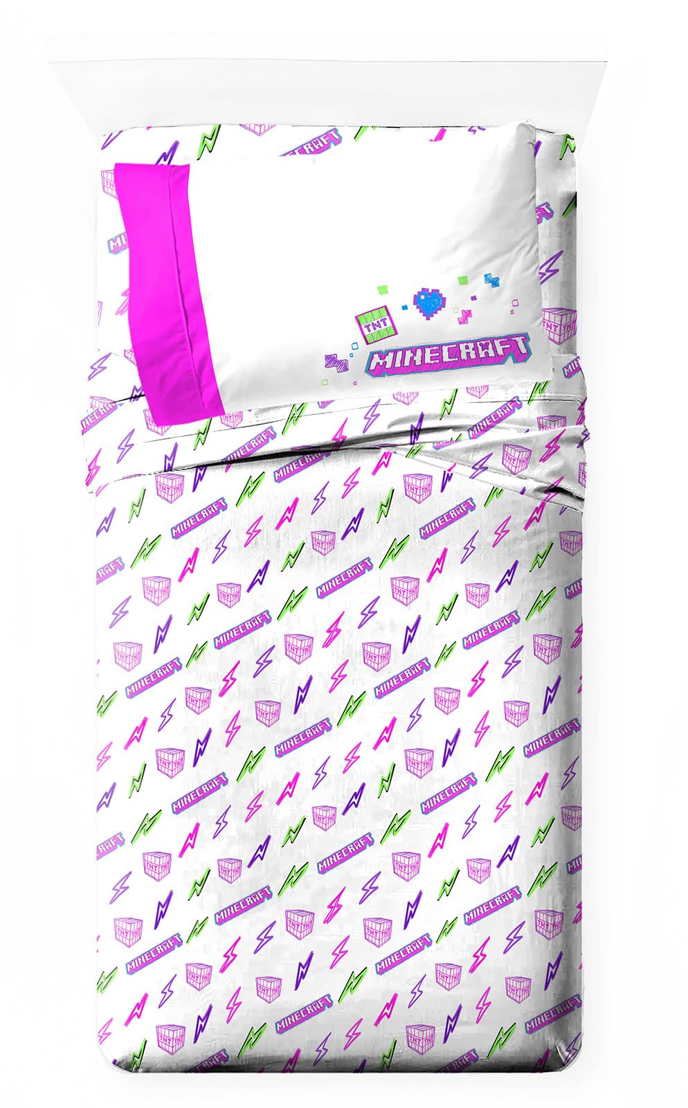 Jay Franco Kids Sheet Set with Fitted, Flat Sheets & Pillow Cover - Ultra-Soft Bedding with Pillowcase for Room Decor, Purple - Minecraft, 3 Piece Twin