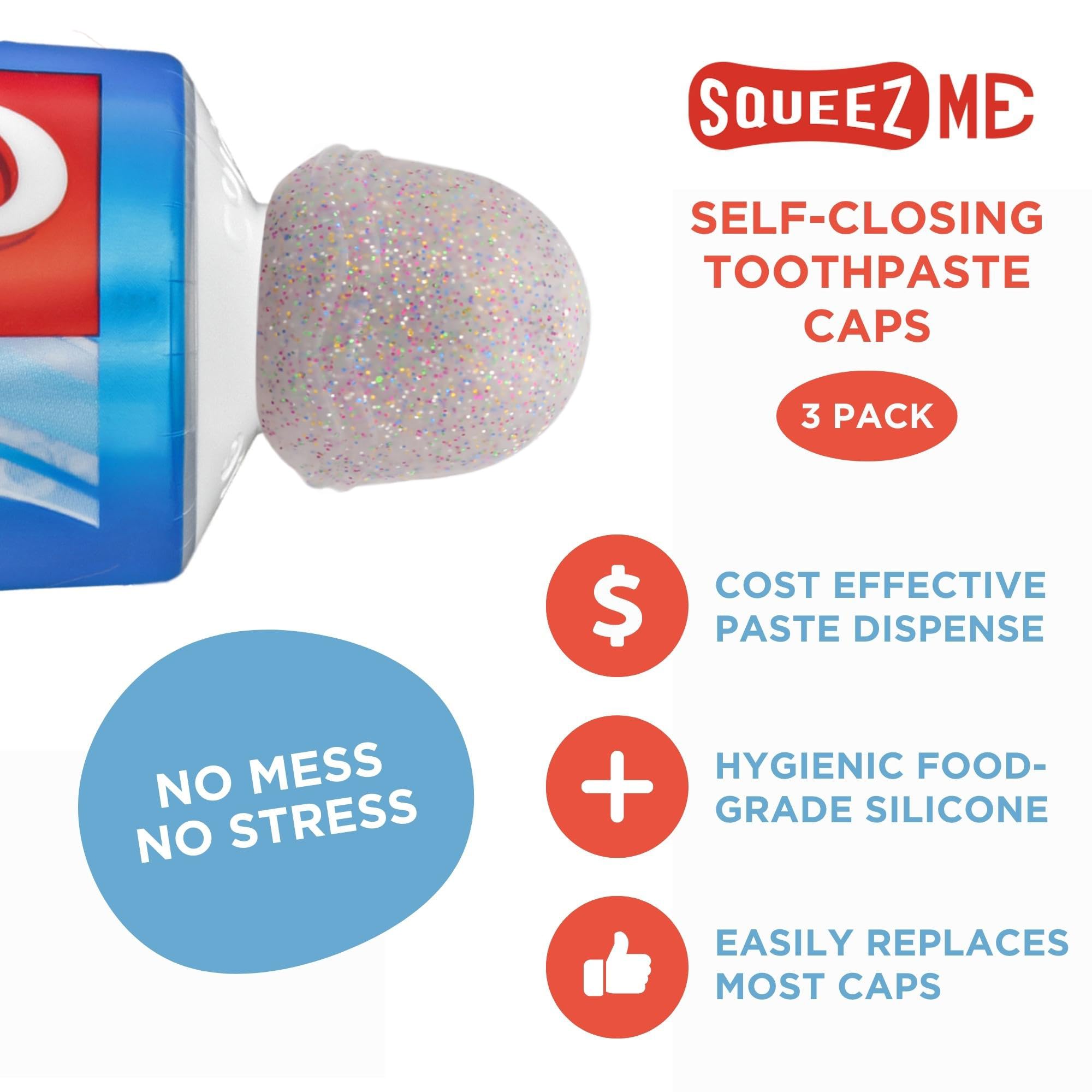 Toothpaste Caps 6 Pack, SqueezMe by Chrome Cherry, Self-Closing, Silicone Caps - Image 2