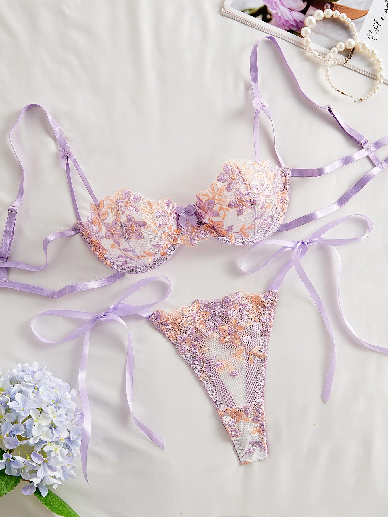 Lilosy Sexy Tie Side Cute Underwire Push Up Strappy Embroidered Mesh Sheer Lingerie Set: Bow Large Bow Flower Lavender Purple