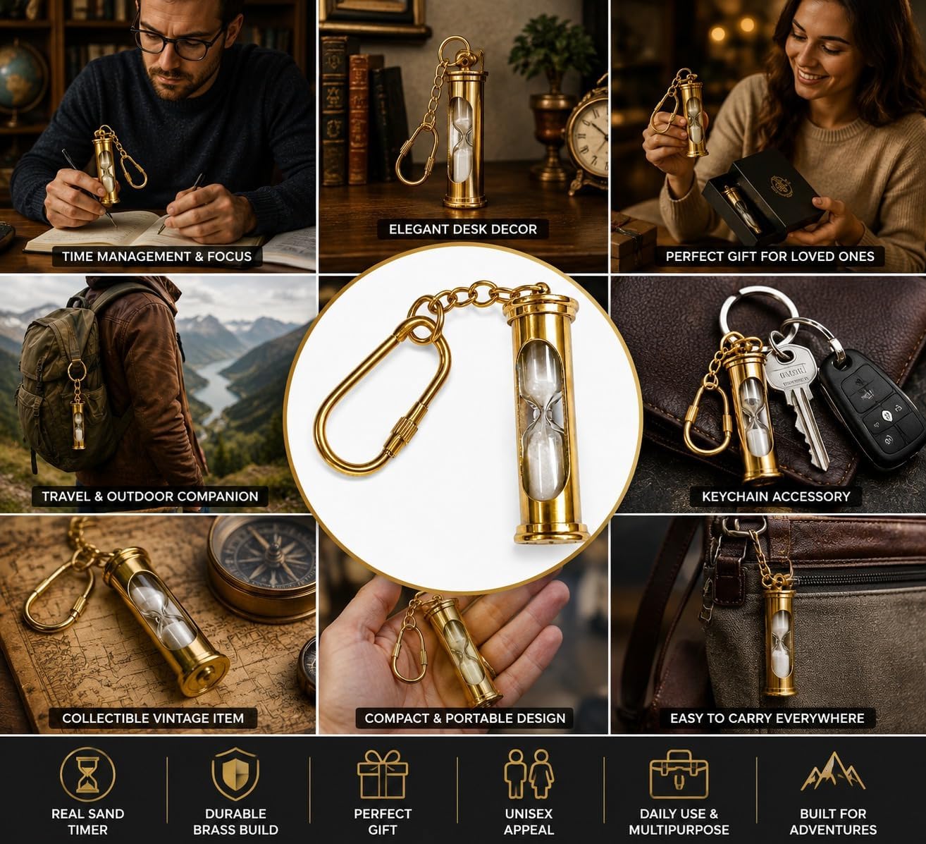Vintage Brass Hourglass Keychain Antique Style Mini Pocket image 2