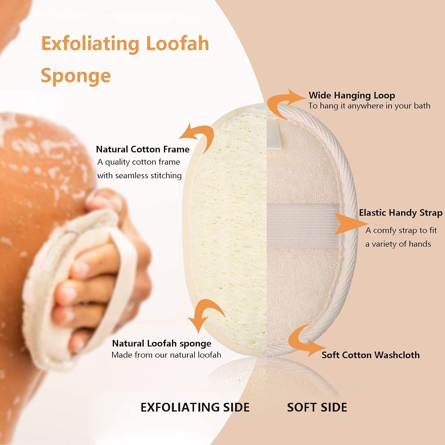 Esponja exfoliante corporal de lufa, 2 piezas de esponja natural de lufa, esponjas naturales de lufa, almohadillas exfoliantes corporales de ducha, cepillo de espalda de lufa, para mujeres y hombres,