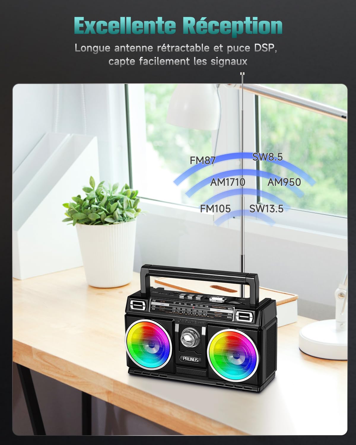 Poste Radio Portable, PRUNUS J-750 AM/FM Radio Portable Rechargeable avec Panneau Solaire, Excellente Réception, 1800mAh Transistor Radio Bluetooth, Support MP3/WAV/WMA