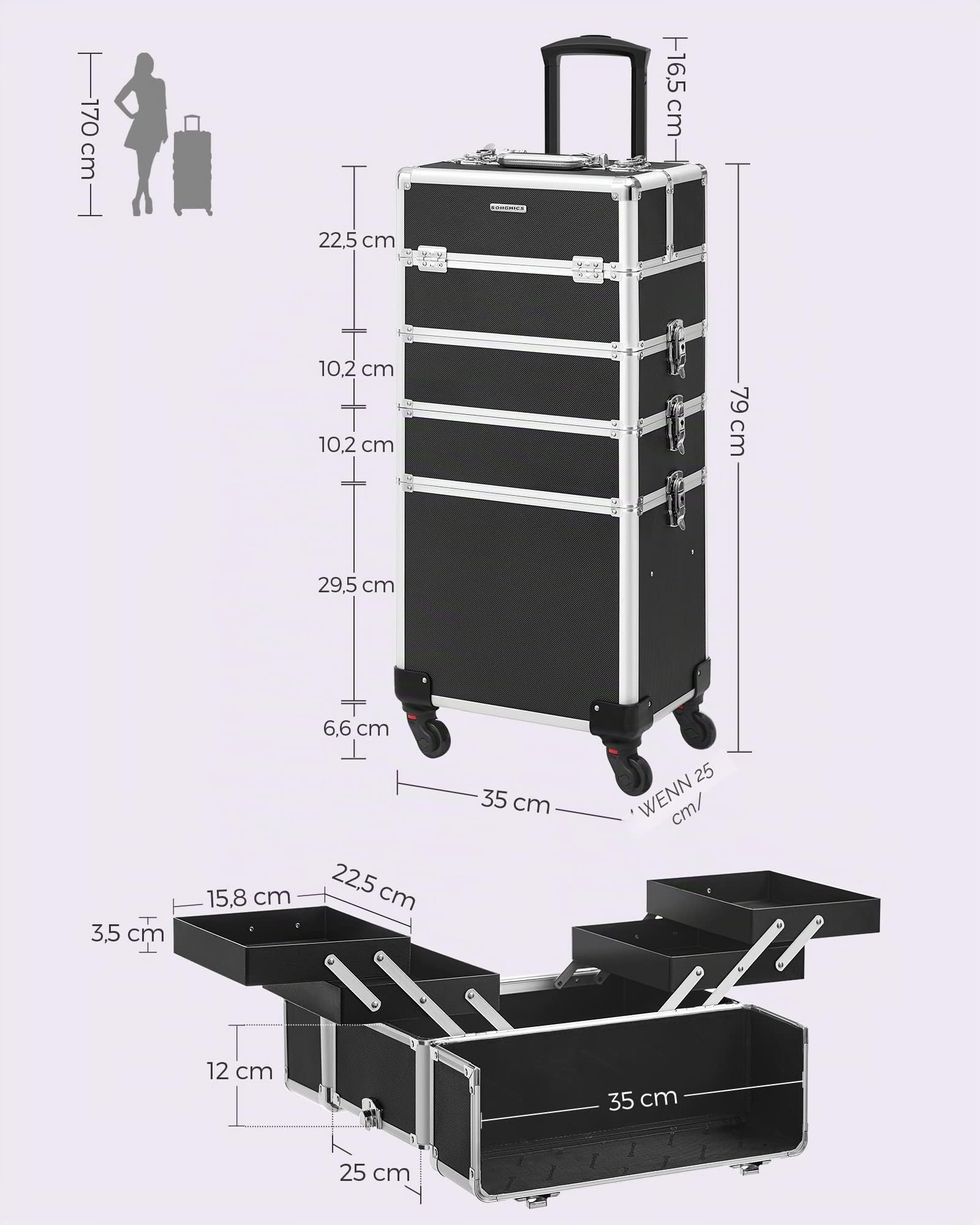 SONGMICS Kosmetikkoffer Trolley 4-in-1 Schminkkoffer 35 x 25 x 79 cm abschließbar 360° drehbare Rollen schwarz