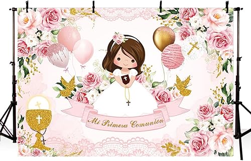 Miniatura 3 de Mi Primera - Fondo de fotografía de comunión para niños, bautizo, fiesta, globos florales, telón de fondo para decoración de baby shower, niños y