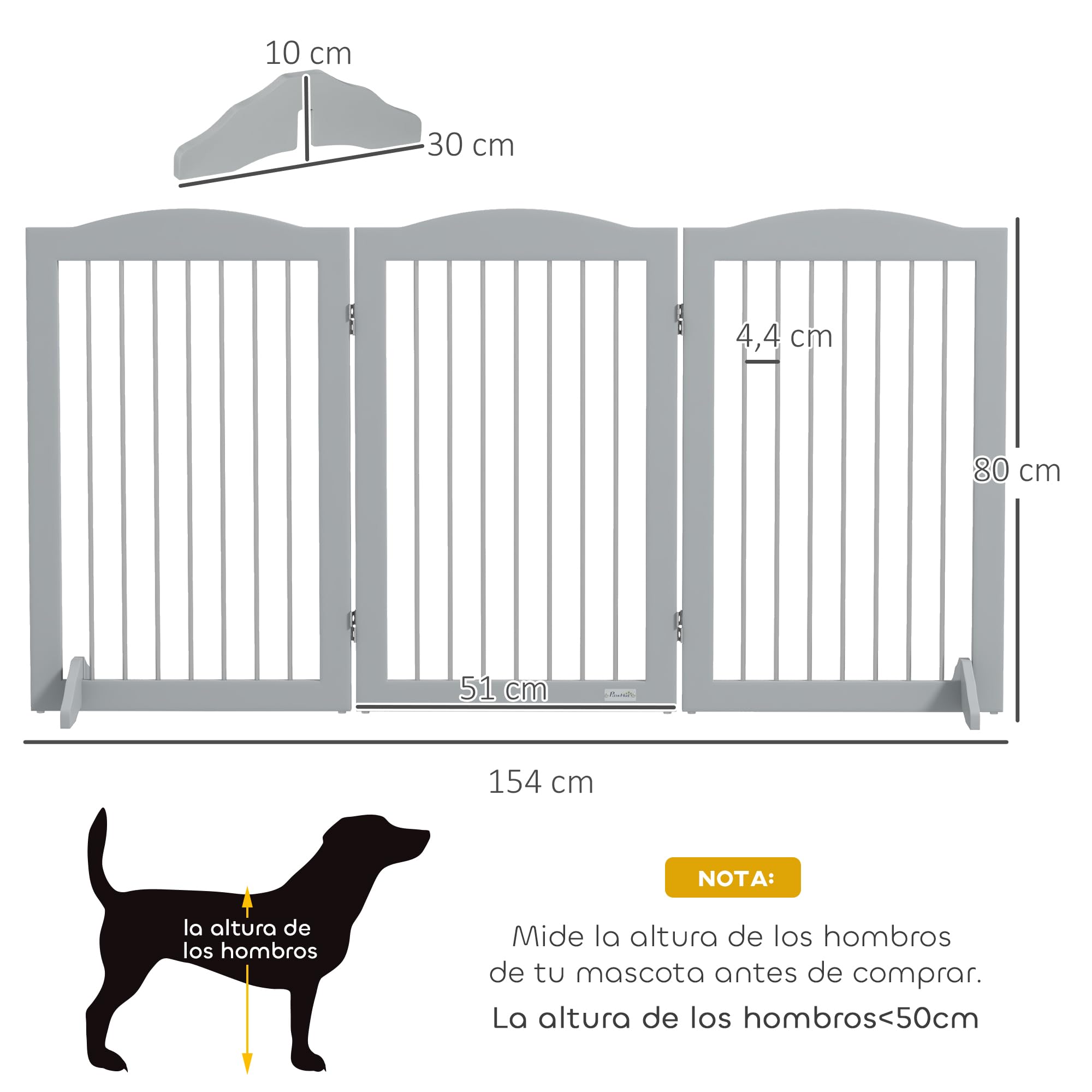 PawHut Barrera de Seguridad para Perros, Valla Plegable 154x30x80 cm Gris | para Escaleras y Puertas, Perros Pequeños y Medianos, 3 Paneles, con Soporte de Pie, para Interiores