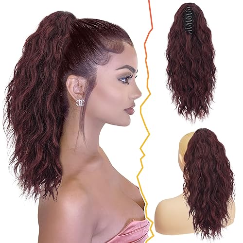 BARSDAR Extensión de cola de caballo roja, extensiones de cabello de cola de caballo con clip de garra de 18 pulgadas para mujer, rizado, ondulado,