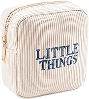 Lestikave Personalized Mini Corduroy Makeup Bag - Embroidered 'Little Things' Beige Cosmetic Pouch, Cute Lipstick Holder for Purse (5.1x2x5.1in)