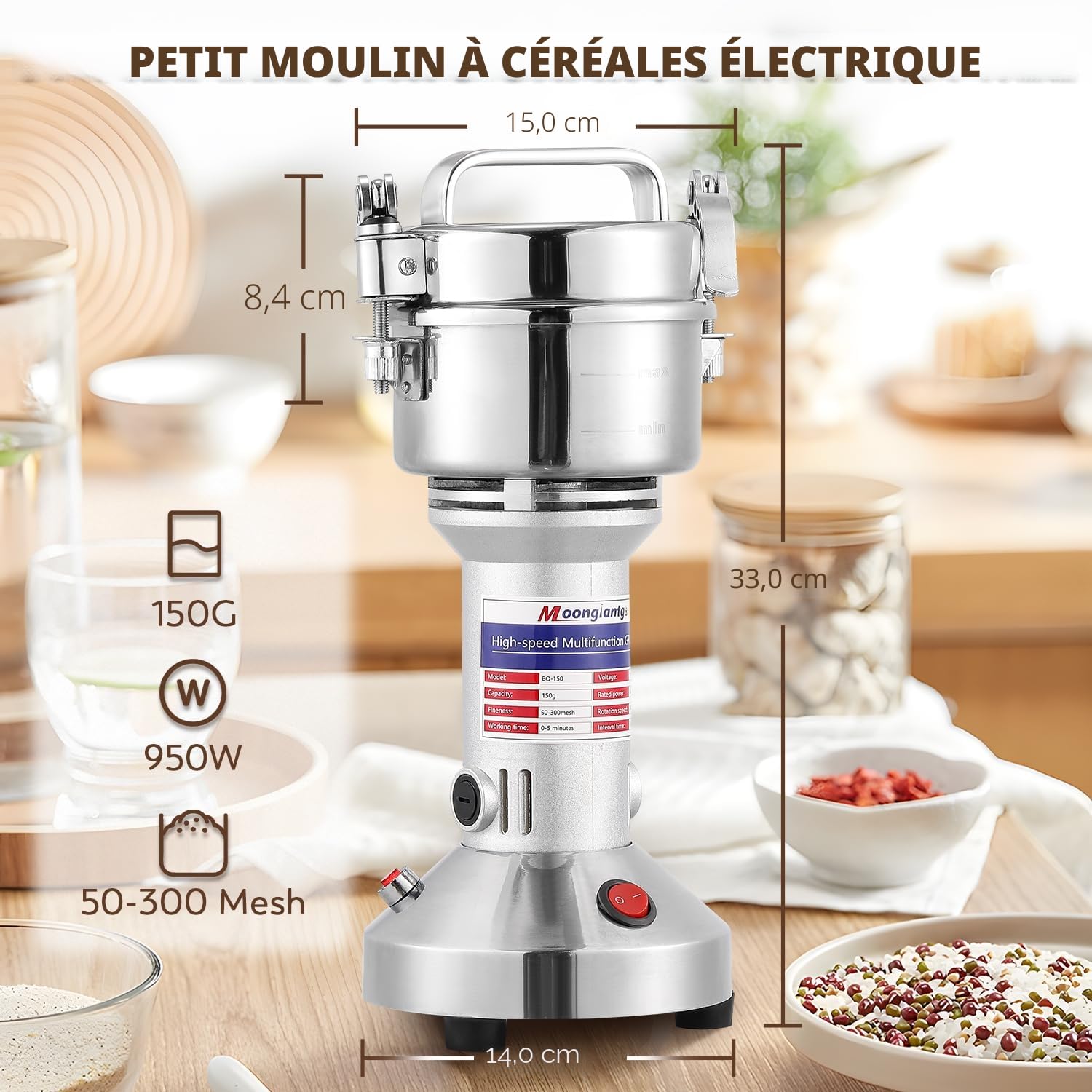 Moongiantgo Moulin à Céréales Électrique Moulin à Grains 950W 28000RPM, Broyeur Ultrafin 150g en Acier Inoxydable Moulin à Epices avec Moteur Commercial &Protection Surcharge pour Grains/Épices/Herbes