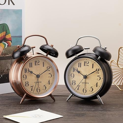 Miniatura 6 de Reloj despertador de campana doble de 4 pulgadas con luz nocturna - Despertador de escritorio y dormitorio (negro)