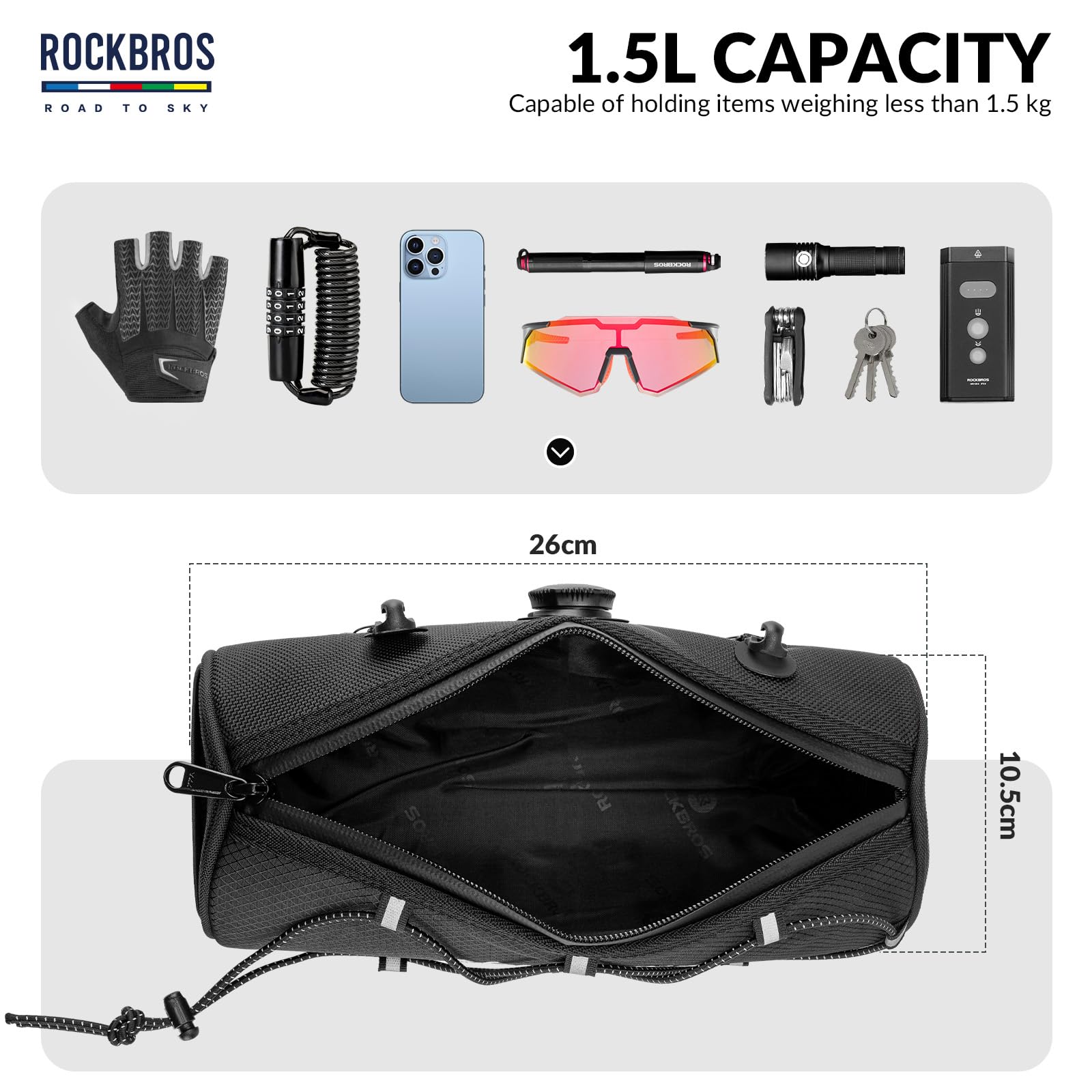 ROCKBROS Road to Sky Borsa Manubrio Bici, Borsa Anteriore Impermeabile Bicicletta, Borsello Manubrio Riflettente per MTB, Bici da Corsa, Bici da Città, Capacità 1.5L