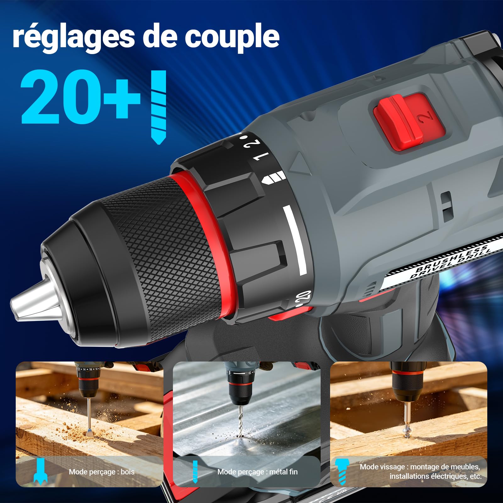Brushless Trapano Avvitatore Batteria, 21V Trapano a Percussione, 55Nm Max con 2 Batterie 2.0Ah, 20+1Coppia,2 Velocità,LED Luce, Elettrico Avvitatore Ideale per forare e avvitare