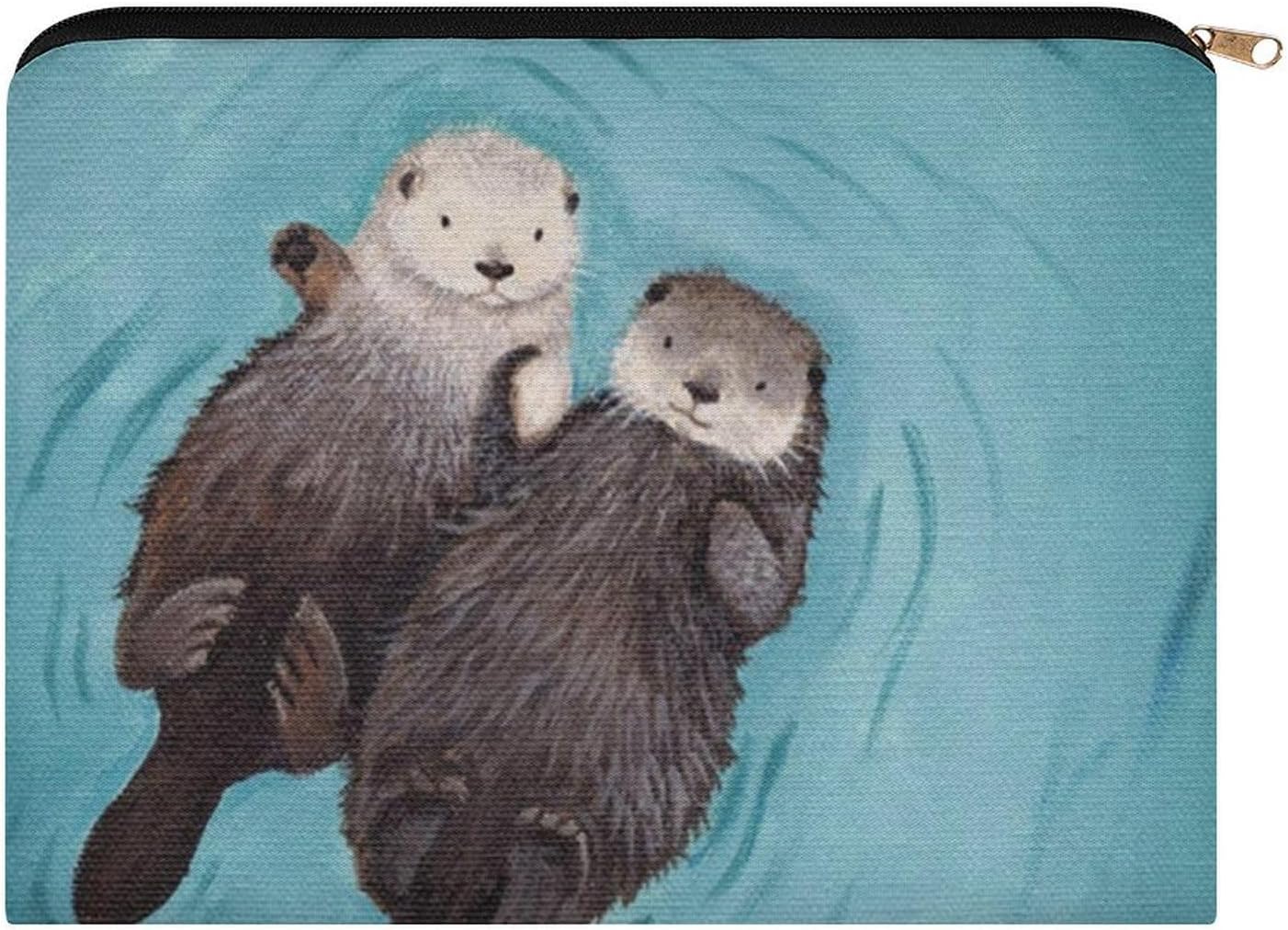 Otters Holding Hands Multi Purpose Polyester Zipper Makeup Pouch Portable Cosmetic Storage Organiser Lightweight Toiletry Carry Bag for Holiday Overnight Stays Daily Essentials Storage