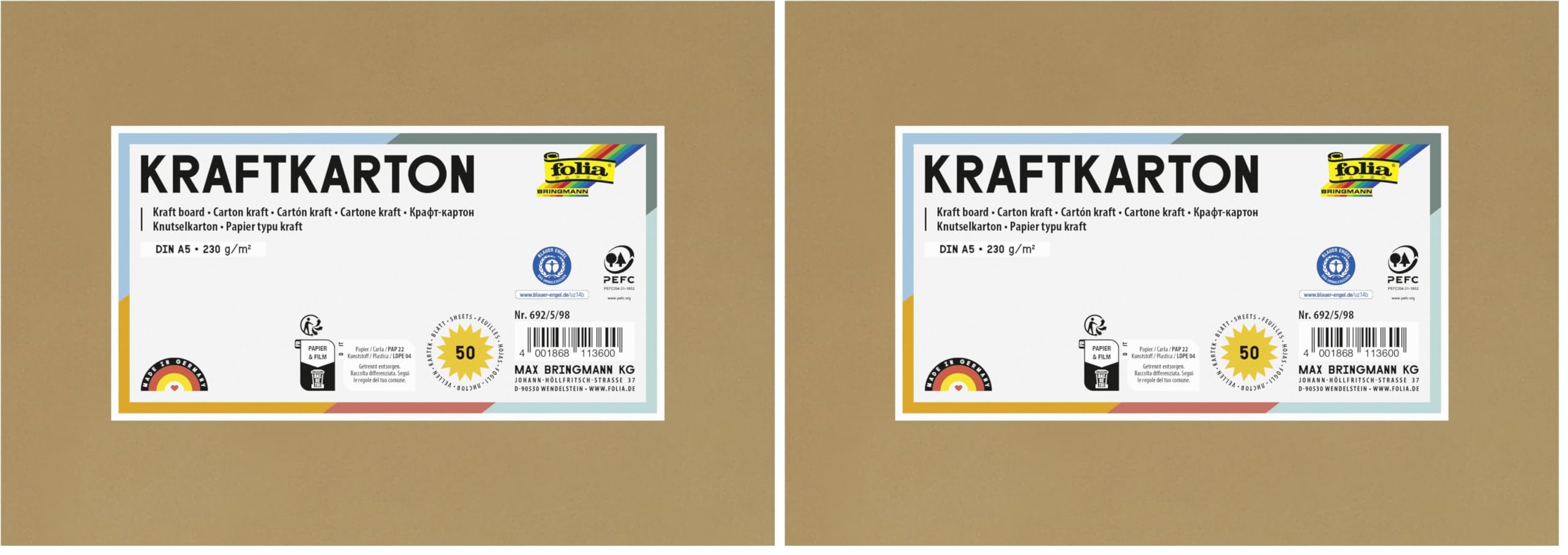 folia 692/5/98 - Kraftkarton natur, 230 g/m², DIN A5, 50 Blatt, zum individuellen Basteln und Gestalten von Grußkarten, Einladungen, Tischkarten, uvm. (Packung mit 2)