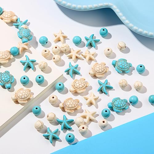 Miniatura 3 de 210 cuentas de turquesa con cuentas de tortuga marina floral, cuentas de tortuga blanca, cuentas sintéticas de estrellas de mar turquesa para