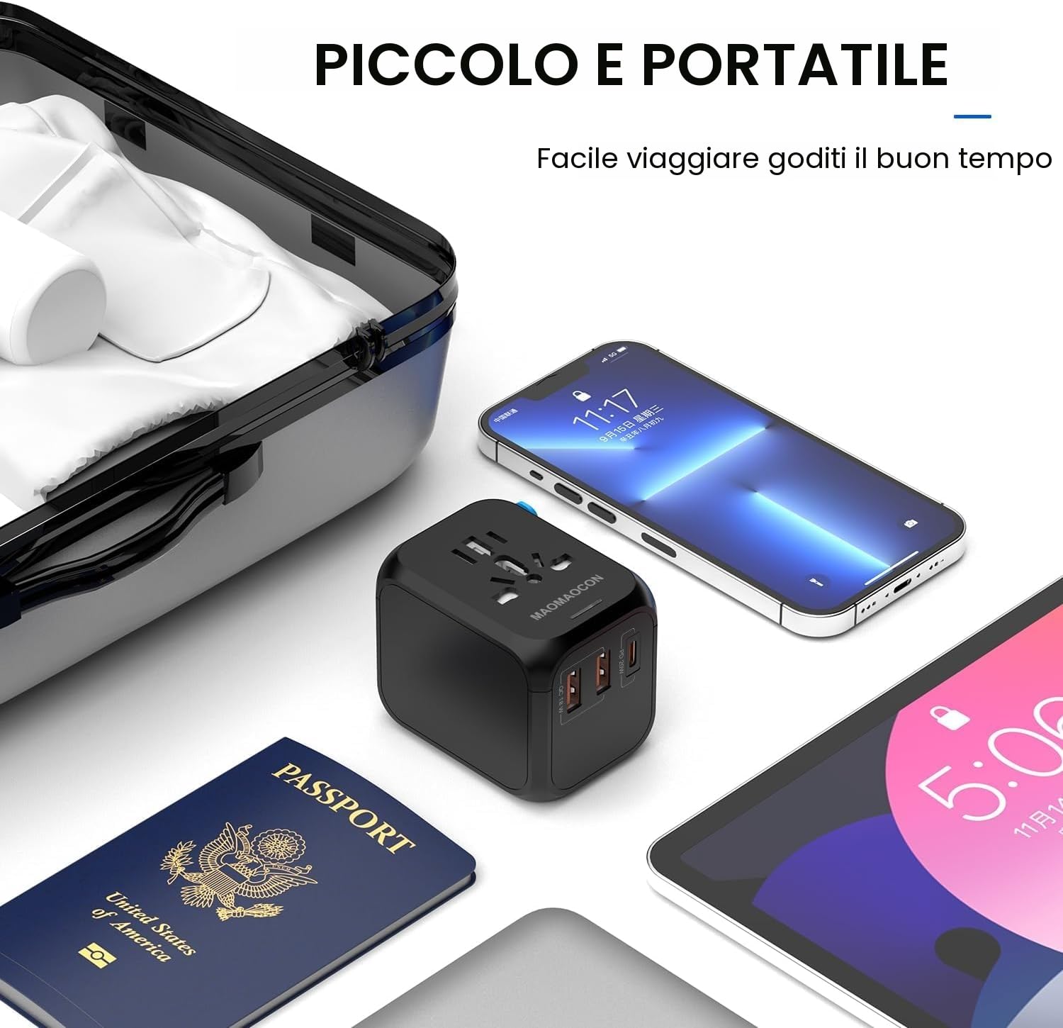 MAOMAOCON Adattatore da viaggio universale da viaggio con PD20 W, 2 USB, 1 presa USB C e 1 AC, adattatore universale per Germania, USA Inghilterra, Thailandia Italia Australia