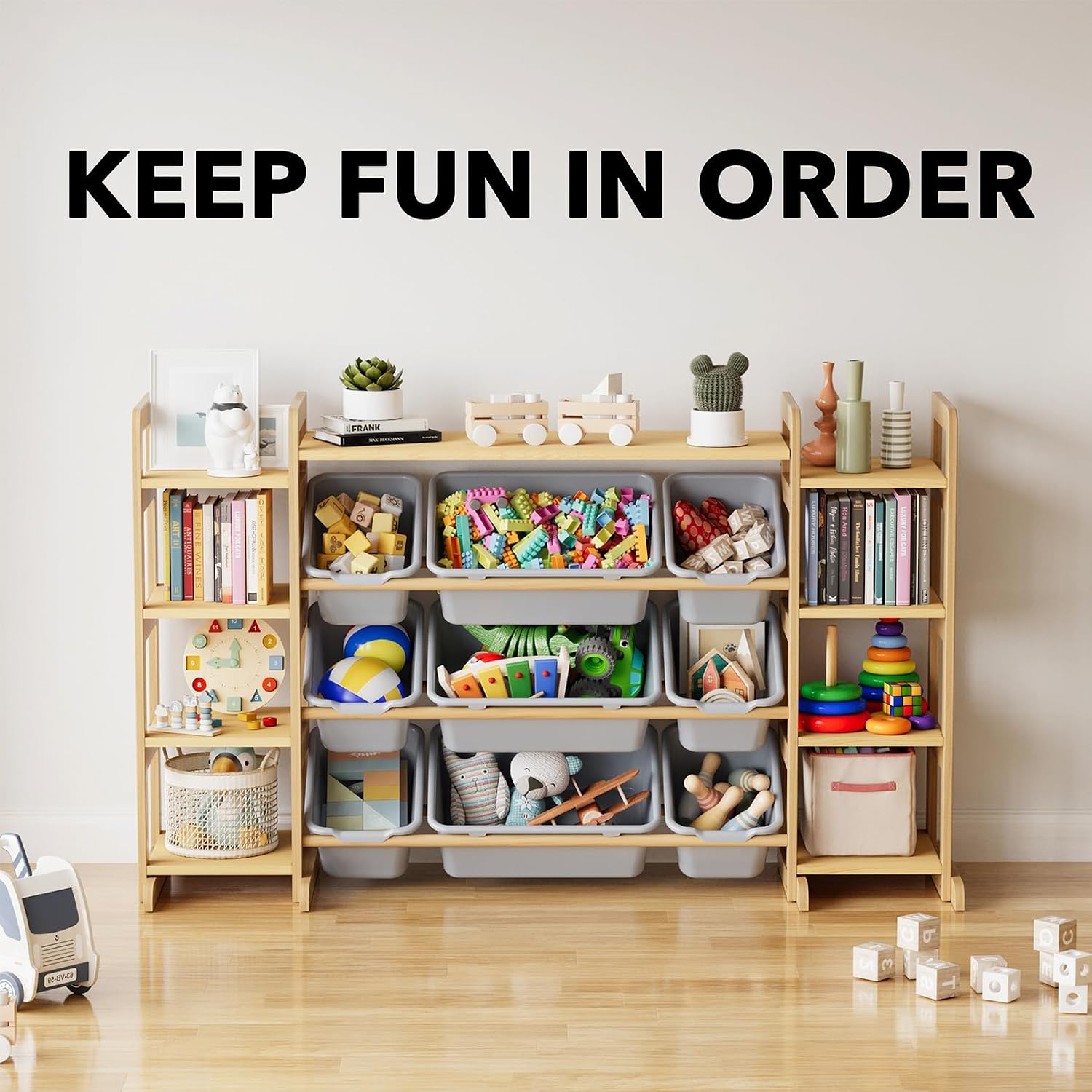 SpaceAid Large Toy Storage Organizer 9 Shelves 9 Bins, Toy Organizers Storage Bookshelf, Kids Bin Shelf Toys Box Bookcase for Bedroom Playroom Organization Room Decor, Neutral Gray