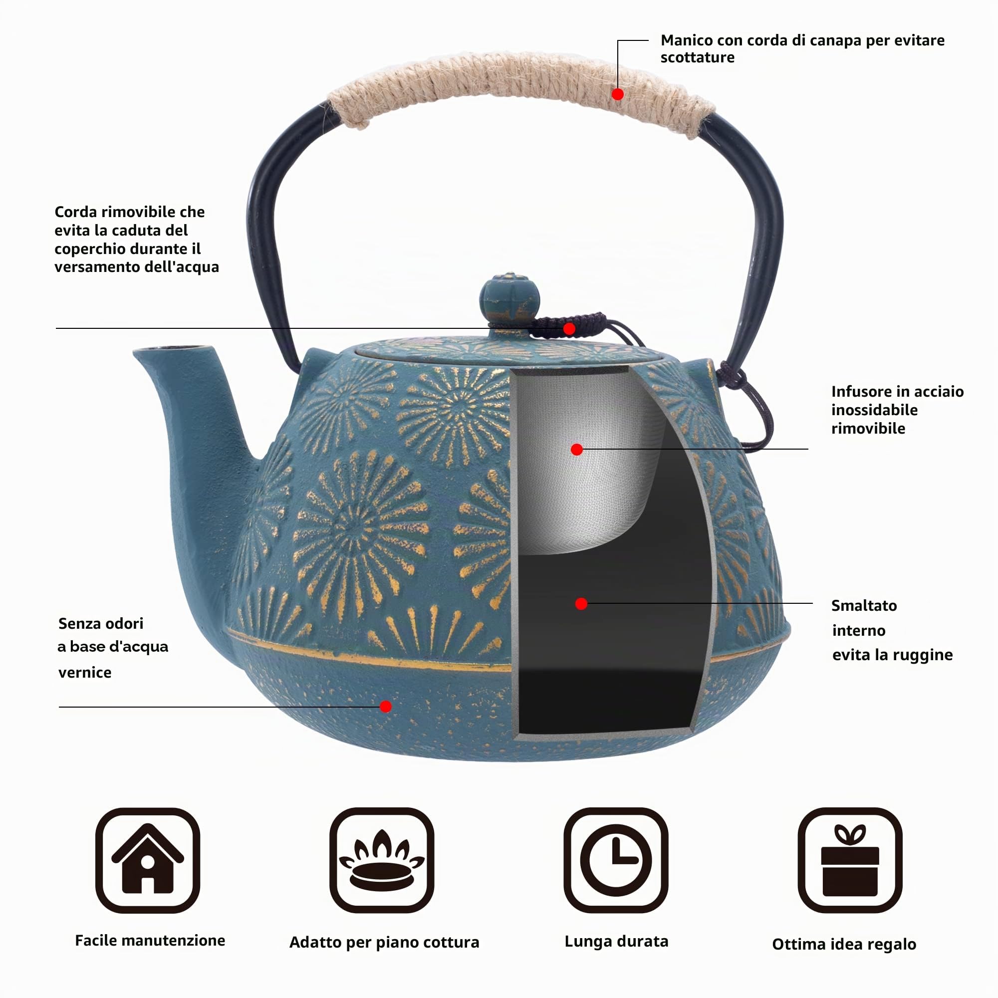 Teiera in Ghisa, Teiera Giapponese con Infusore per Foglia Sciolta, Grande Capacità 1200ml Sakura Design Bollitore da Tè per Piano Cottura Rivestito con Interno Smaltato, Verde