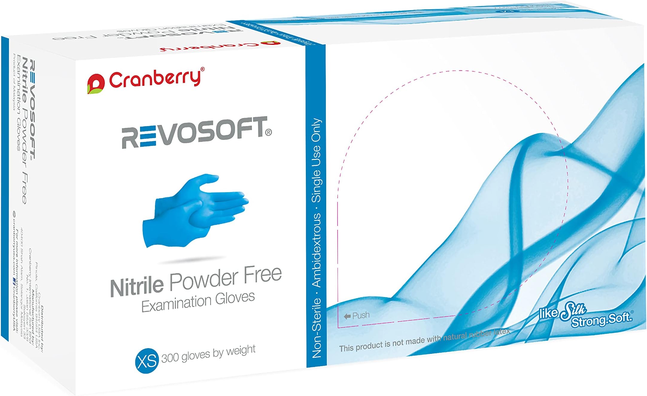 CranberryUSA CR3276 RevoSoft Nitrile Powder Free Exam Gloves, Disposable, 2.8 mil, Blue, Small (Pack of 300)