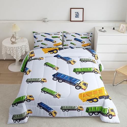 Vista 20 de Feelyou Juego de ropa de cama de camión de basura verde, juego de edredón de coche de dibujos animados, equipo de camiones, edredón para niños