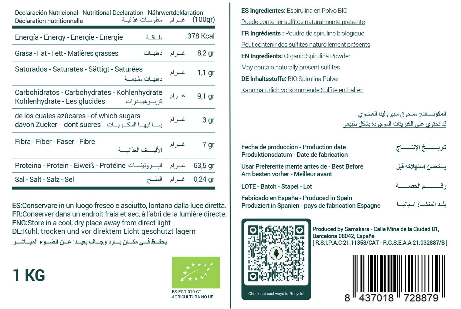 Espirulina en Polvo BIO Samskara | 63% Proteína + 6% Leucina | Alga Spirulina Orgánica y Ecológica | Superalimento Puro | Para Batidos, Yogur, Harinas, Sopas | Spirulina Powder ECO (1 kg)